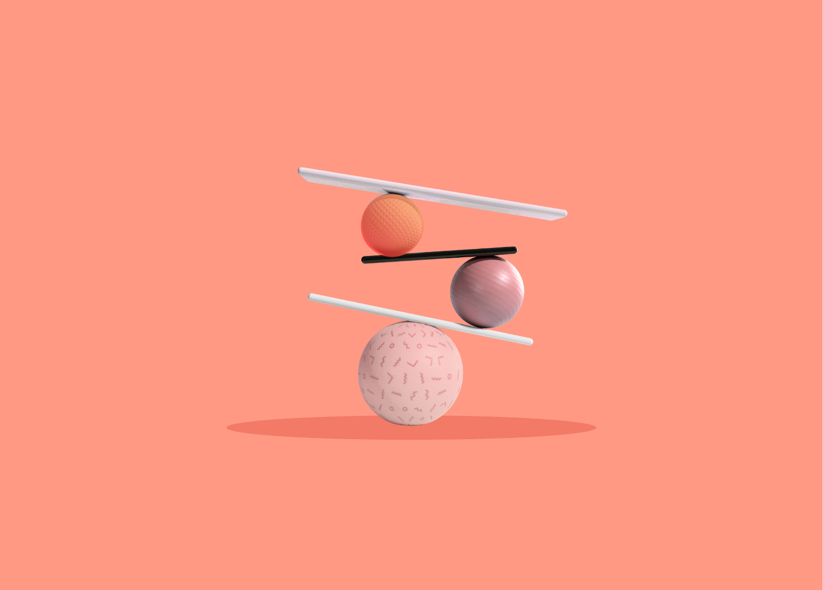 Abstract 3D stack of textured spheres balanced on thin bars against a coral background.