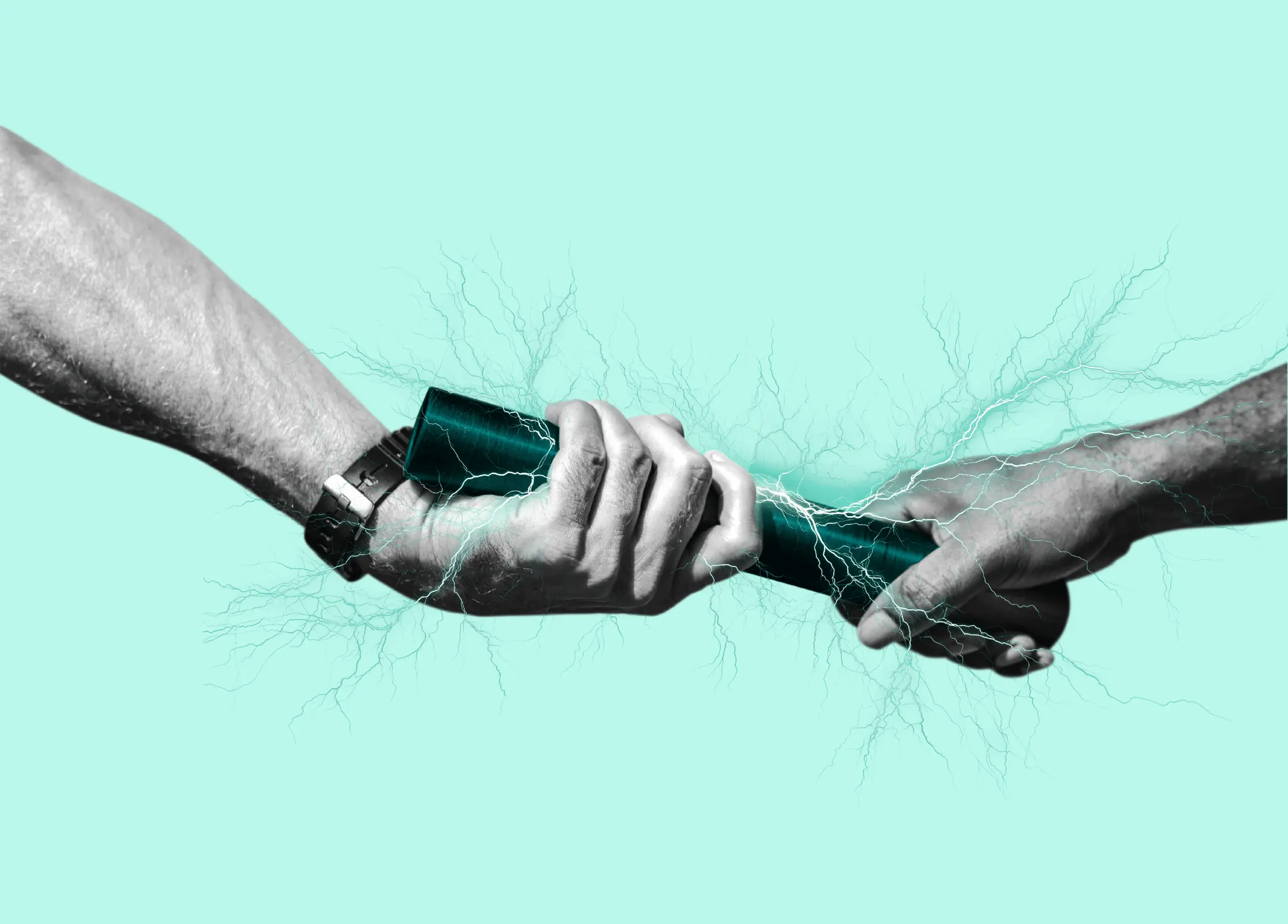 Black-and-white photo of two hands passing a teal baton, with electric sparks radiating from the point of contact against a mint-green background.