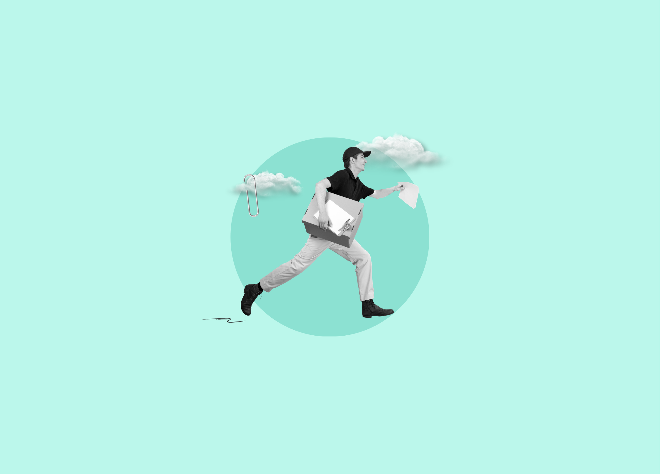 A collage-style illustration of a postal worker running mid-stride, carrying boxes and papers, surrounded by clouds — representing the body's communication network.