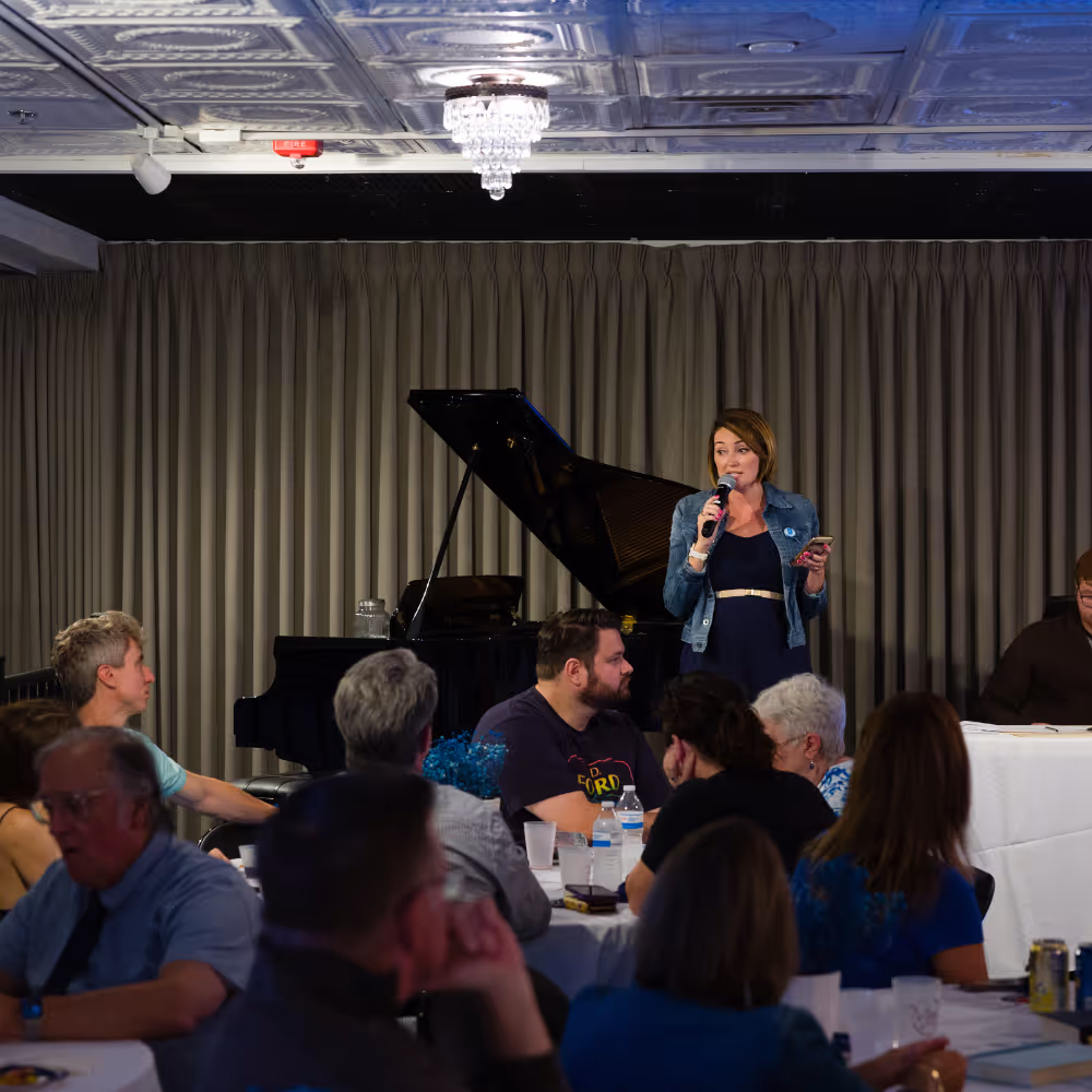 Racheal Bleicher, candidate in the 2026 election for Indiana House District 24, speaking at a Boone County Democrats event.