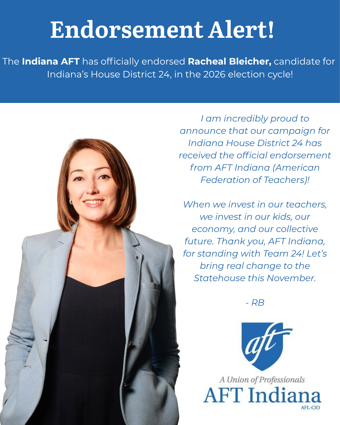 Racheal Bleicher endorsed by the AFT Indiana for Indiana House District 24