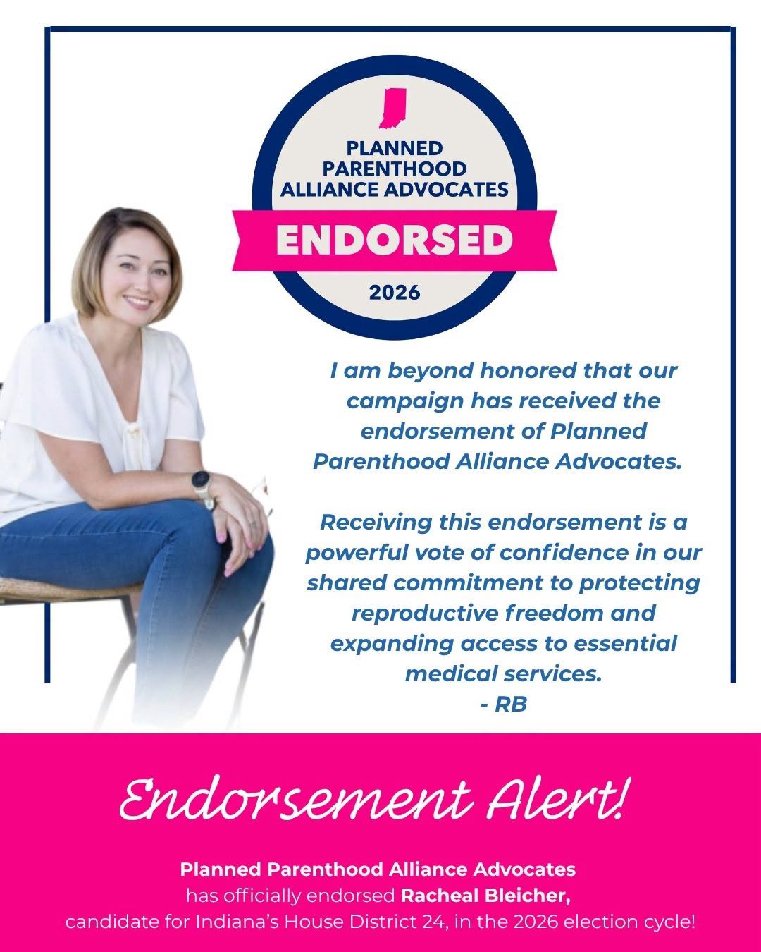 Racheal Bleicher endorsed by Planned Parenthood Alliance