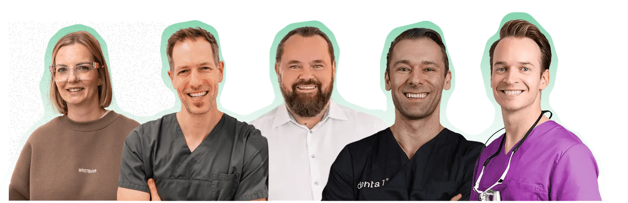 DreamDent Kieferorthopäden-Teamfoto mit fünf erfahrenen Fachärzten und Zahnärzten vor dunklem Hintergrund – moderne, patientenorientierte KFO-Experten für Dreieich, Obertshausen und Eichhorn.