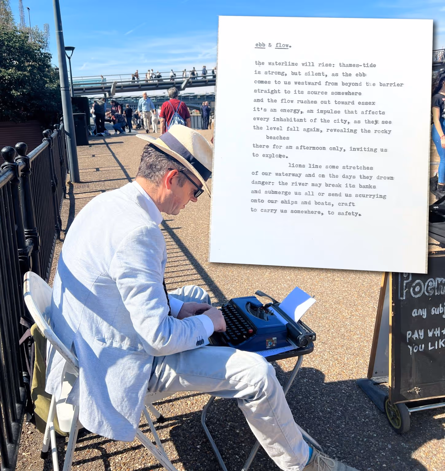 Photo showing poem writer on the walkways of the River Thames and the poem he wrote.