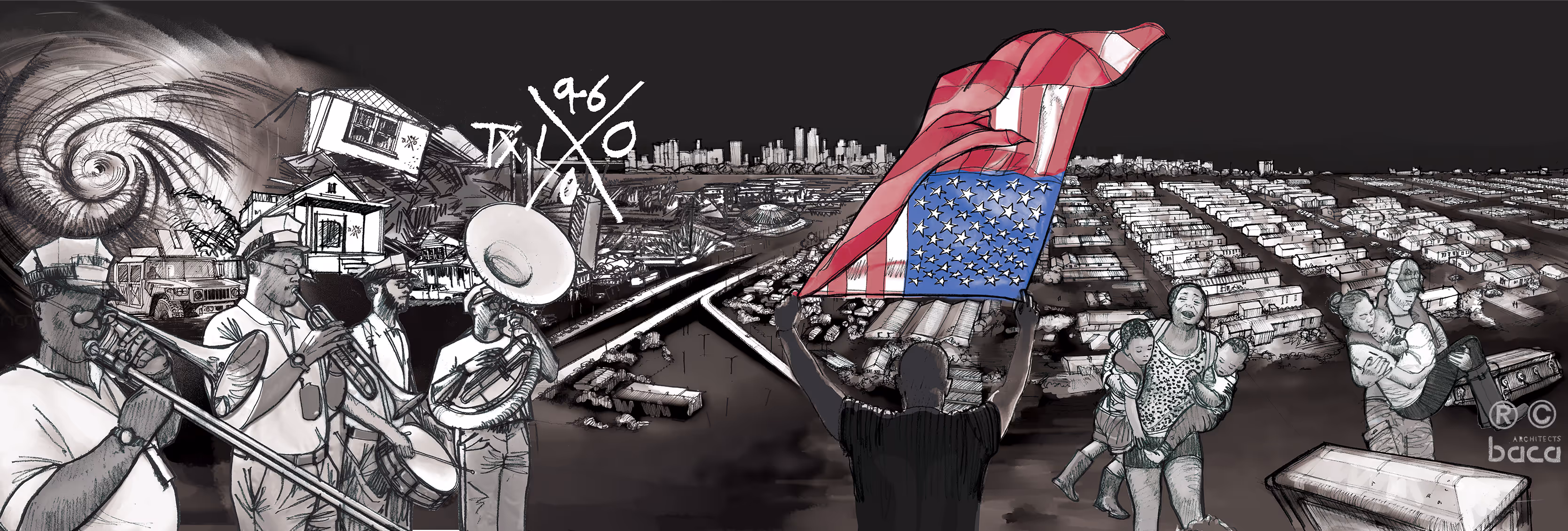 A drawing that captures the total devastation of Hurricane Katrina, with the American flag in the centre.