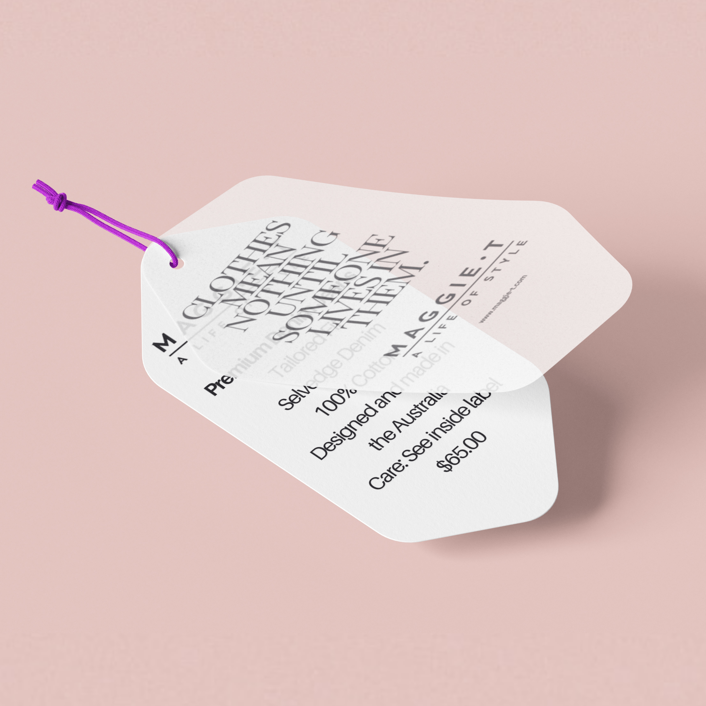 Clothing label mockup for Speciality Fashion Group showcasing branded typography, logo, and design identity