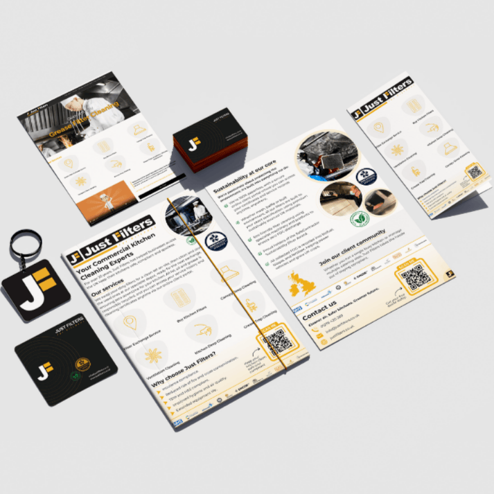 Marketing collateral mockup for Just Filters including brochures, leaflets, and printed materials
