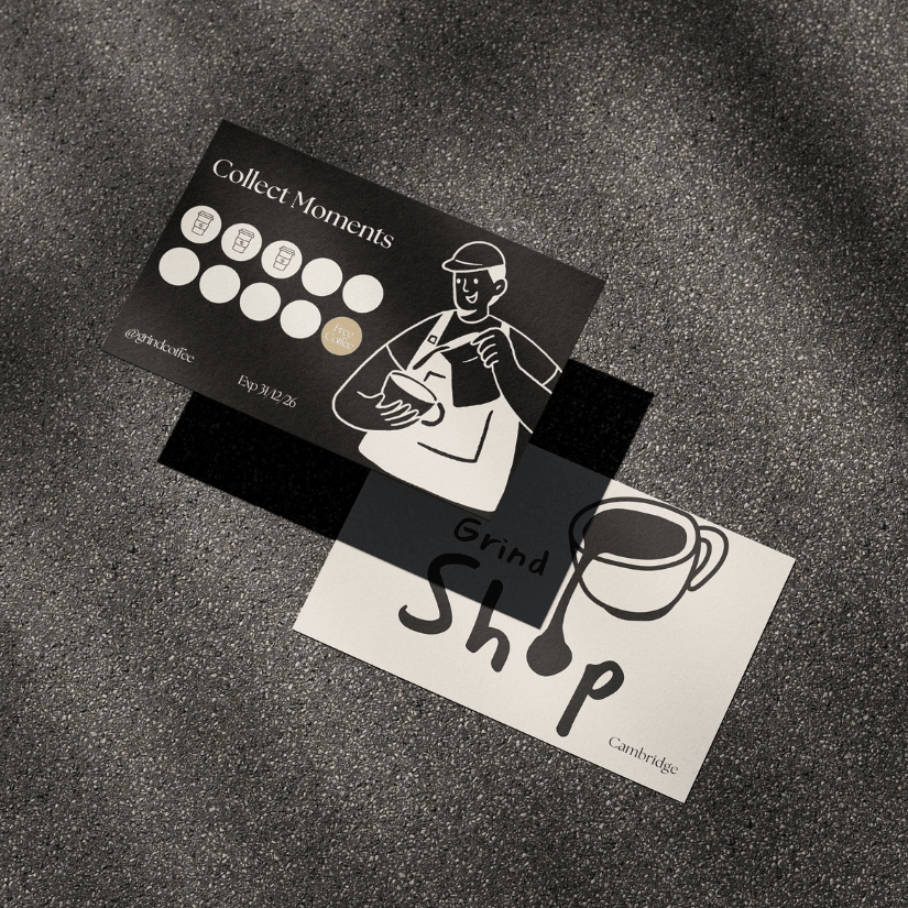 Branding and visual identity mockup on business cards for Grind