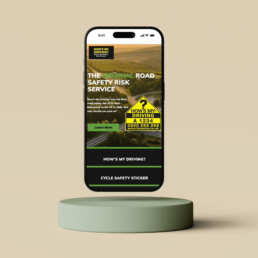 Digital brand presence mockup for How's My Driving? showcasing homepage