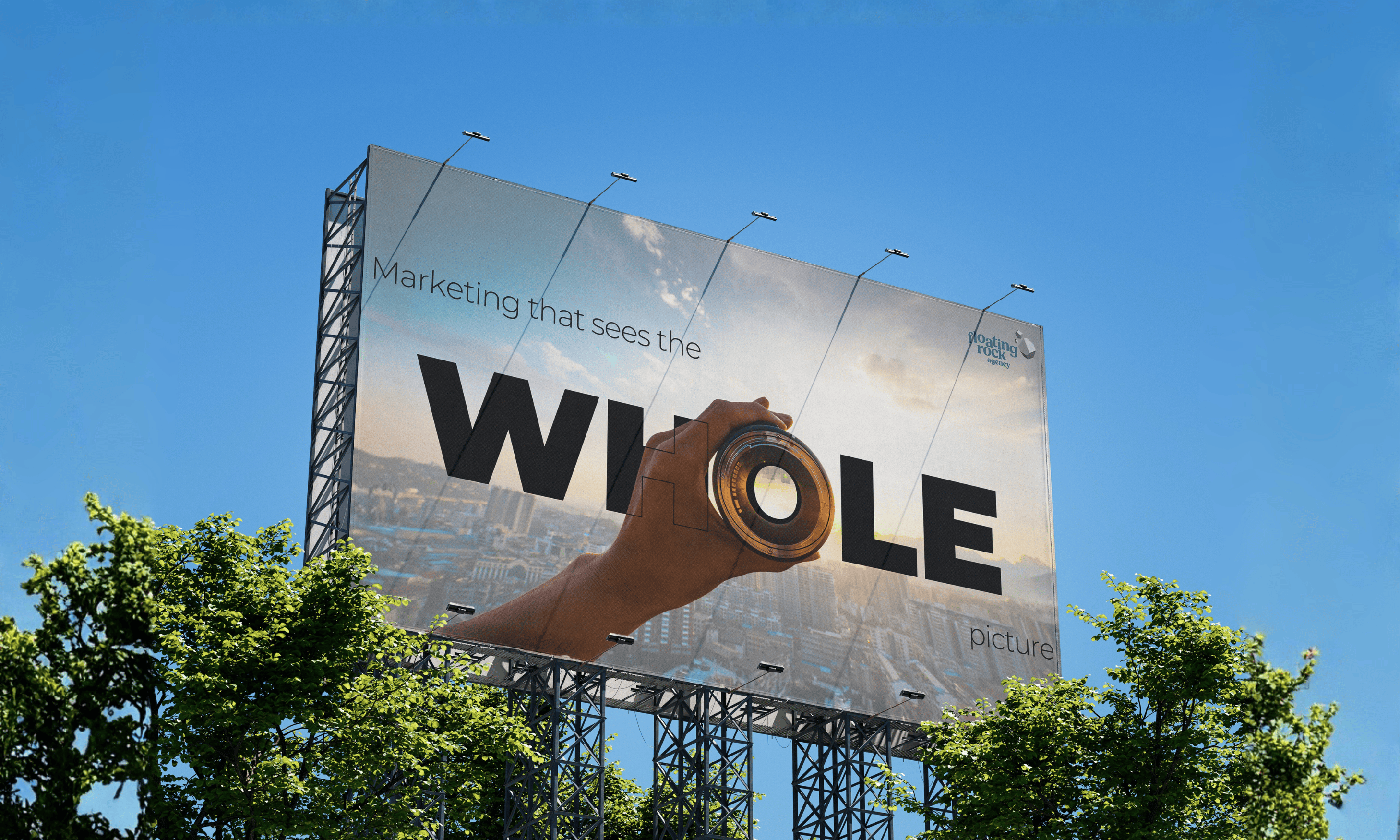 Mockup of a marketing campaign billboard showcasing a brand message and visual identity
