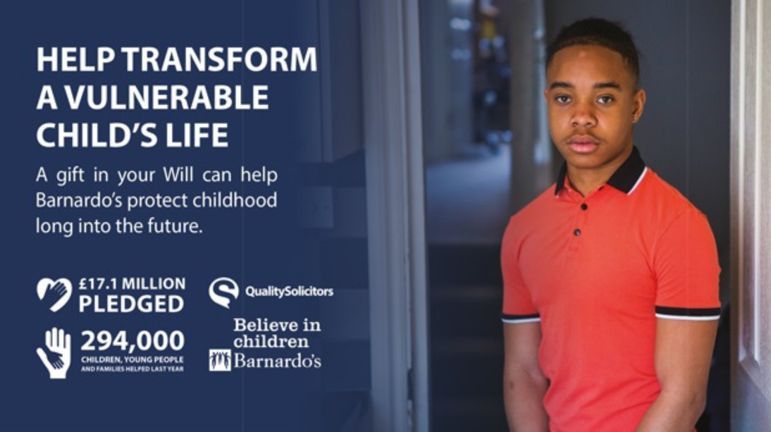 Social post promoting QualitySolicitors and Barnardo’s partnership with clear call-to-action for local offices.