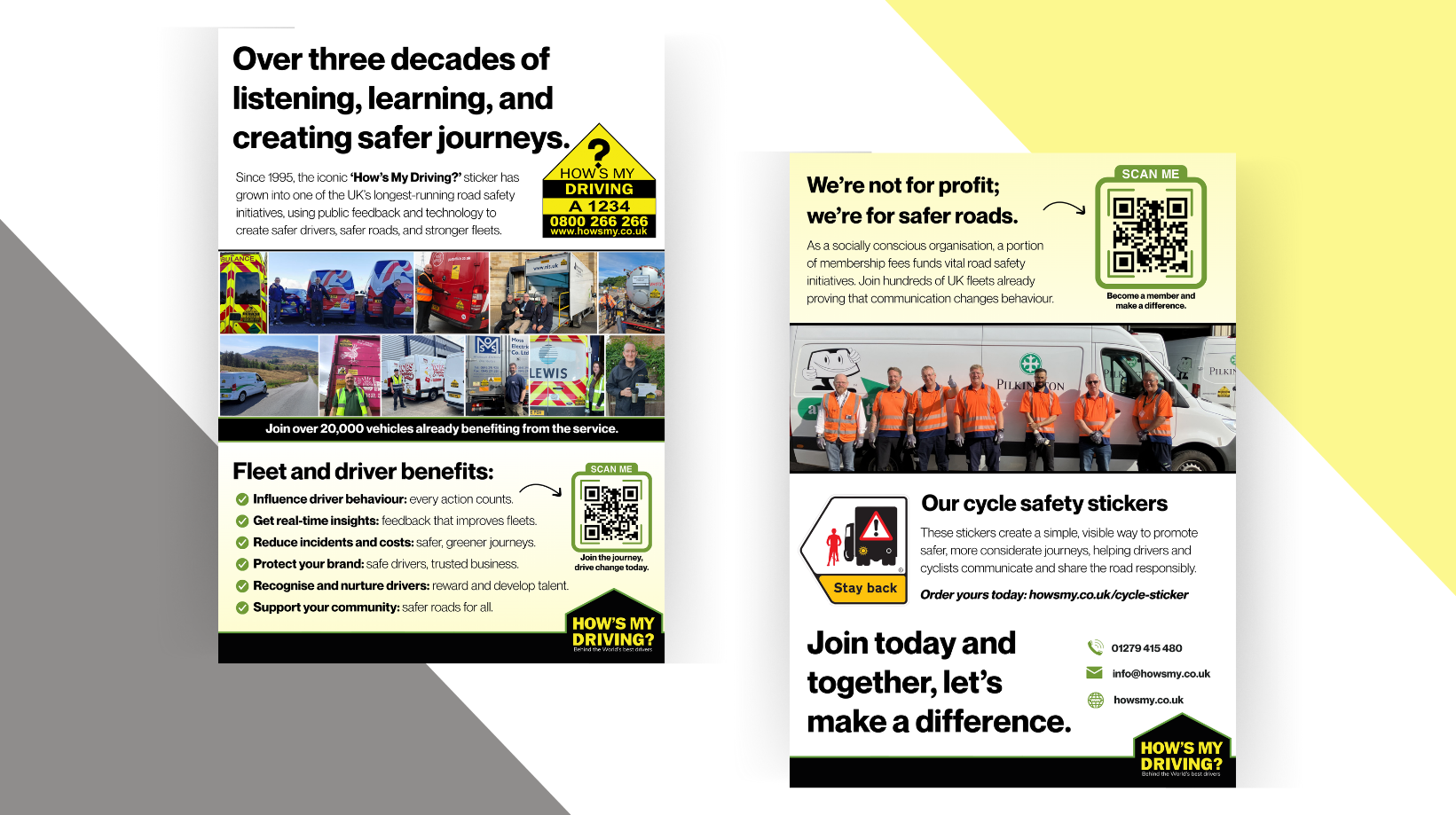 Printed leaflets for How’s My Driving? 30th anniversary campaign with safety tips, member stories, and engagement information.