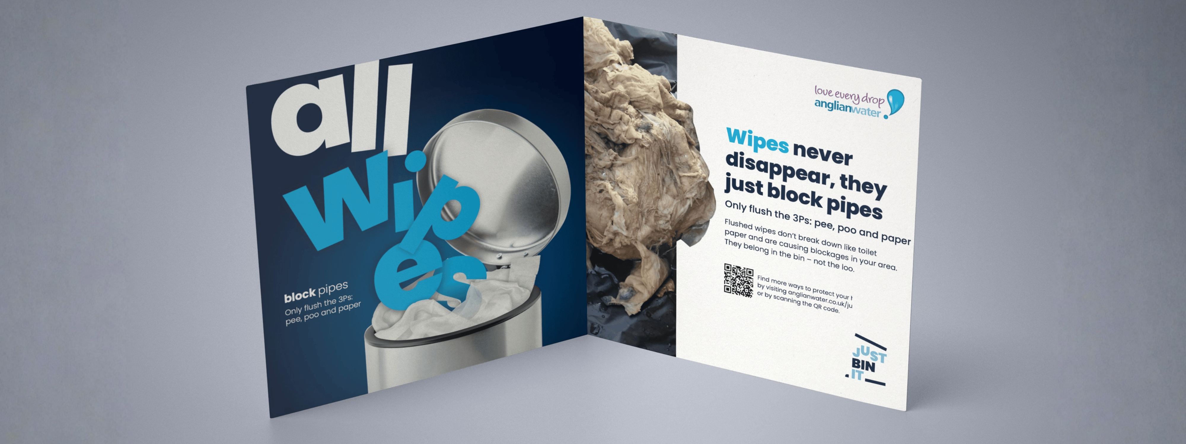 Concept illustrations showing how the Anglian Water behaviour-change campaign reaches audiences across printed channels.