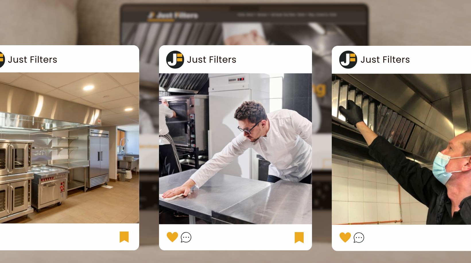 Mockups of Just Filters social media posts demonstrating consistent branding and messaging for digital campaigns.