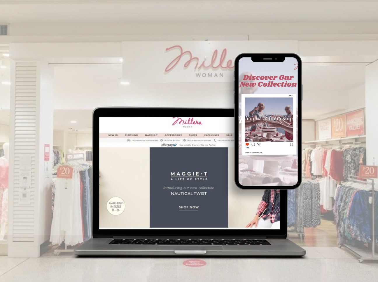 Campaign mockup for Speciality Fashion Group showing multi-channel marketing assets