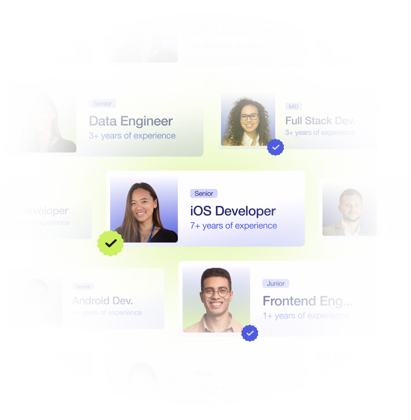 Collage of diverse professionals with job titles and experience levels including iOS Developer, Data Engineer, Full Stack Developer, Android Developer, and Frontend Engineer.