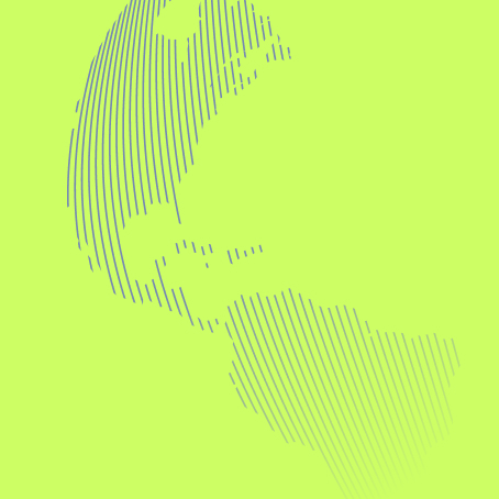 Stylized map of the Americas with vertical blue lines on a lime green background.