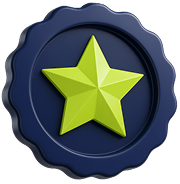 Green five-pointed star on a dark blue circular seal with wavy edges.