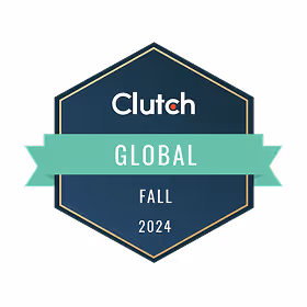 Clutch Global Fall 2024 badge with a hexagonal shape and a green ribbon across the middle.