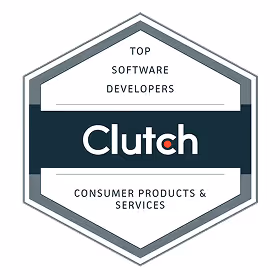 Hexagon badge reading 'Top Software Developers' above and 'Consumer Products & Services' below with Clutch logo in the center.