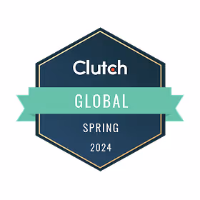 Clutch Global Spring 2024 award badge with a dark hexagon background and a green ribbon.