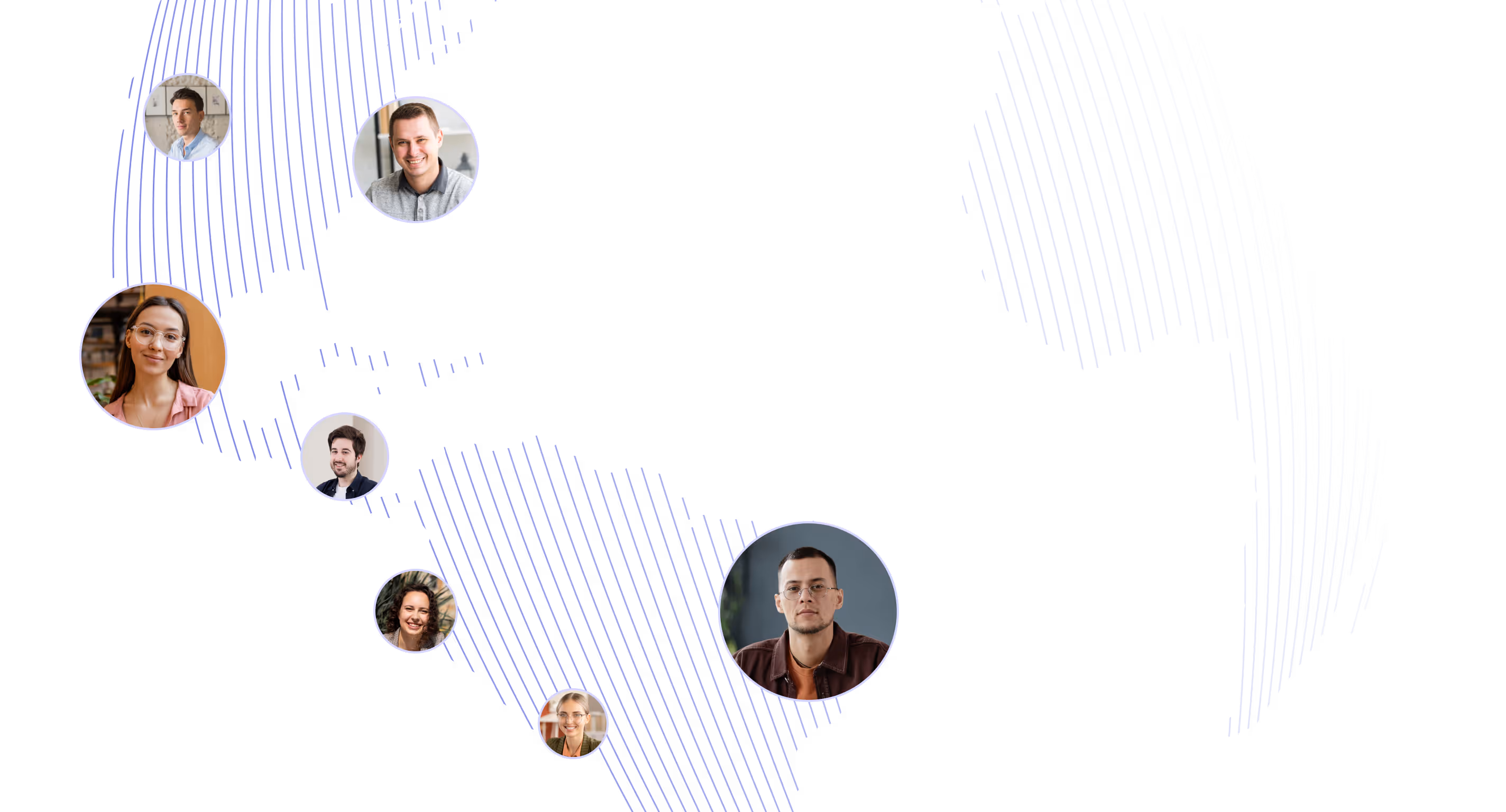 World map with circular portraits of diverse people connected across different regions.