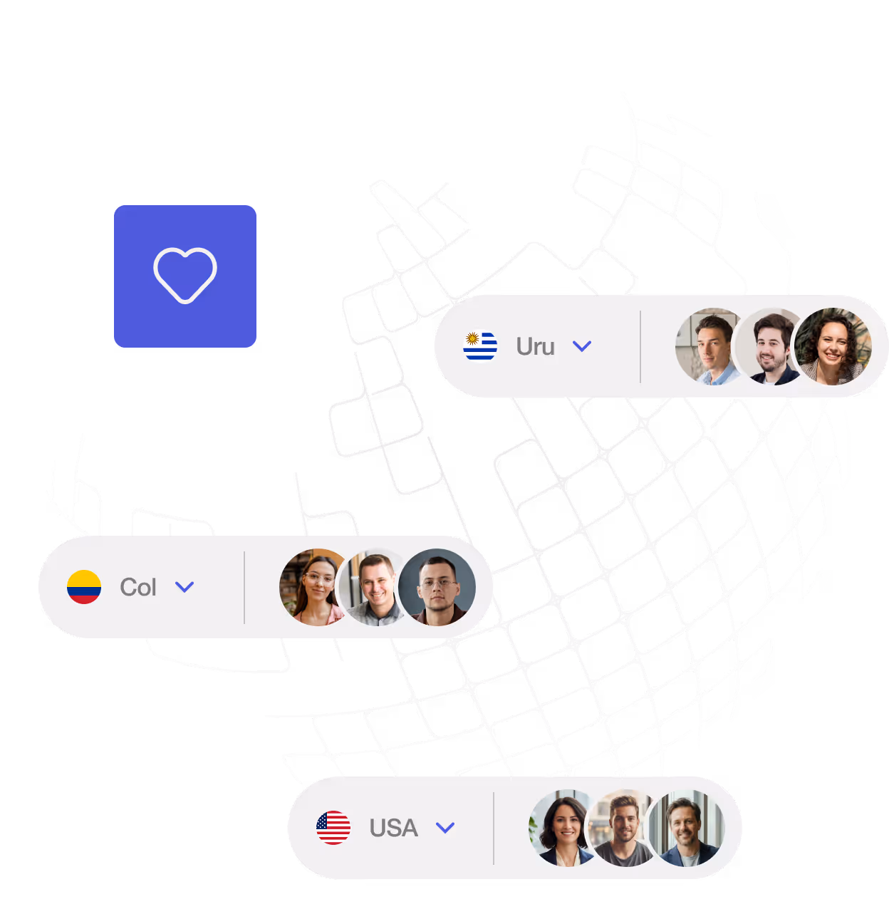 Digital globe grid with three horizontal selection bars showing flags and citizen photos from Uruguay, Colombia, and USA.