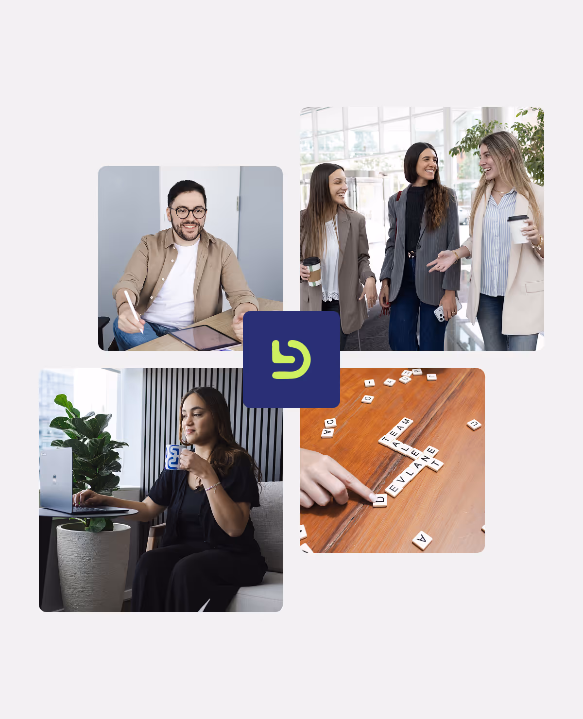Collage of four images: a man writing on a tablet, three women smiling and talking with coffee cups, a woman working on a laptop while drinking from a mug, and a hand pointing at Scrabble tiles spelling words related to teamwork.