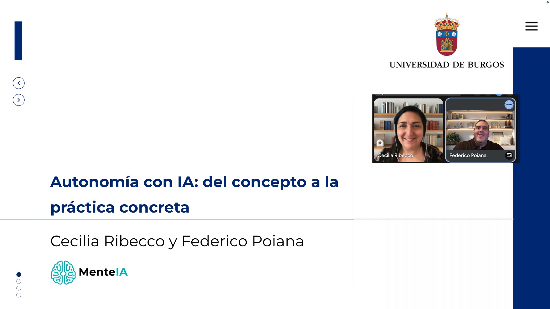 Cecilia Ribecco y Federico Poiana durante la grabación de la videoclase "Autonomía con IA: del concepto a la práctica concreta" para el curso de IA y discapacidad de la Universidad de Burgos