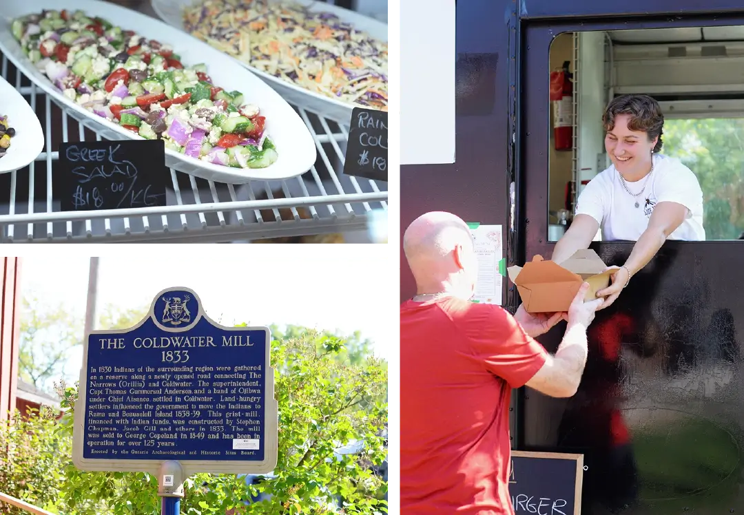 A collage of fresh salad, food delivery, and the Coldwater Mill informational sign.