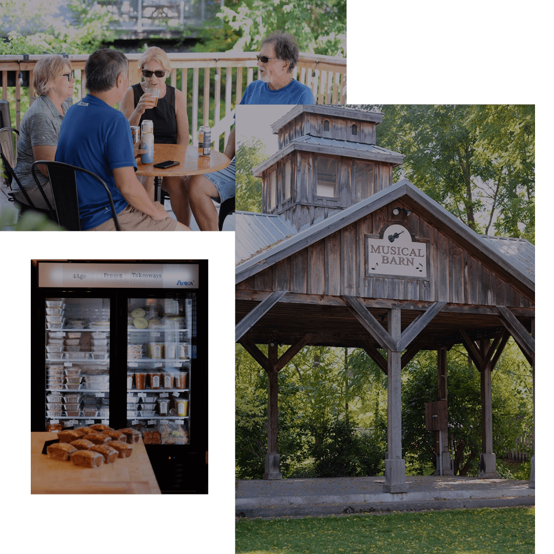 A collage with outdoor eating areas and indoor food counters