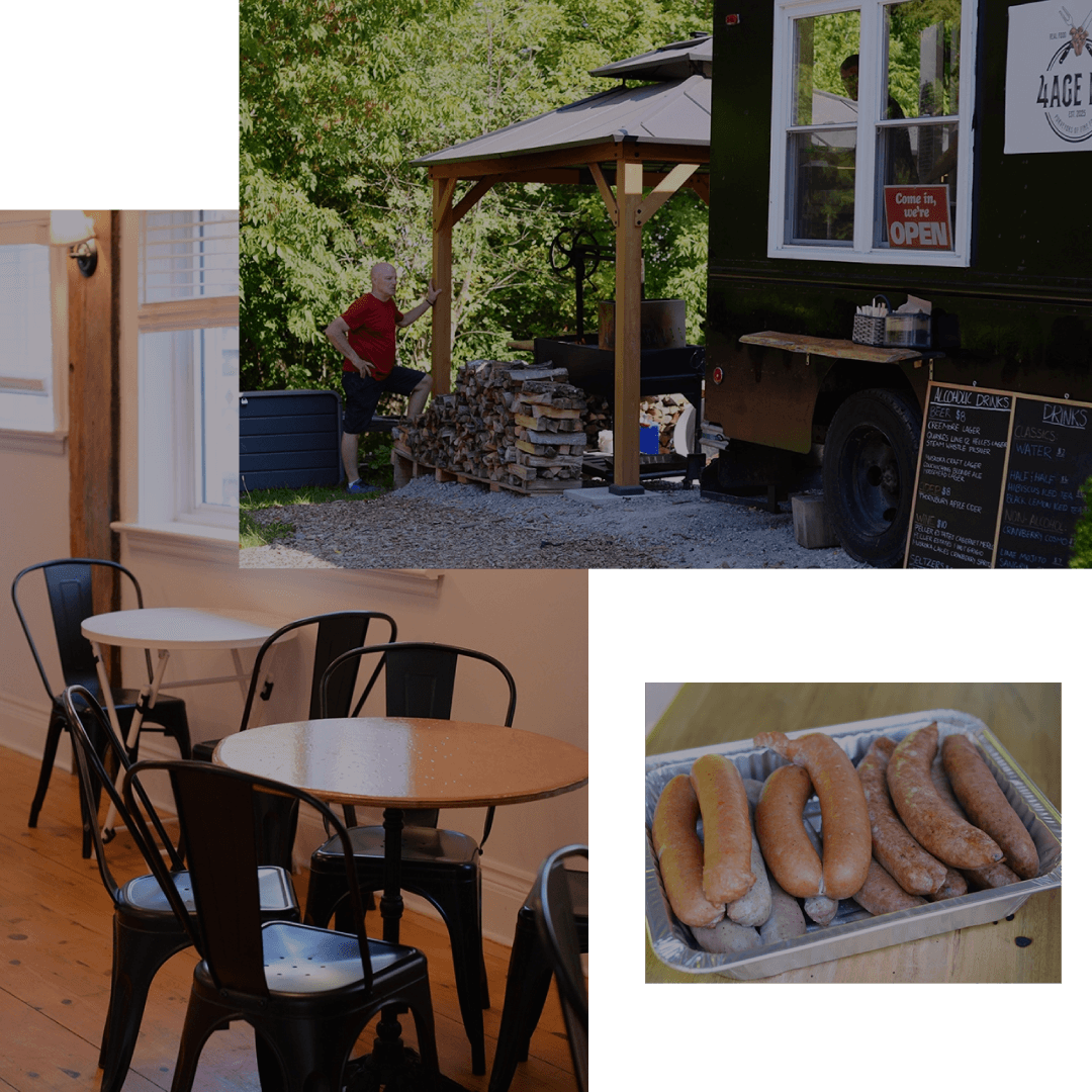 A collage of indoor seating, fresh sausages, and the outside of the 4age food building
