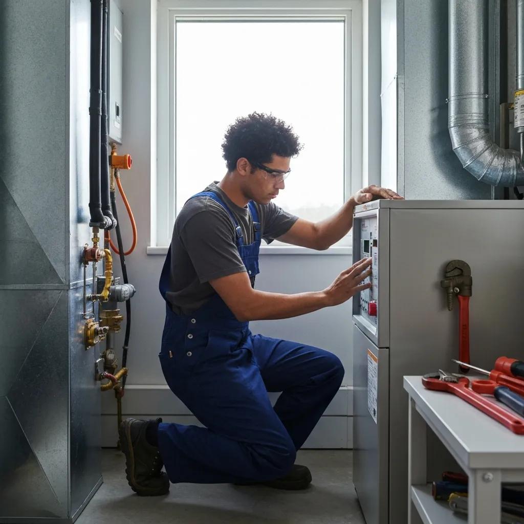 Technician checking a furnace control panel while diagnosing short cycling