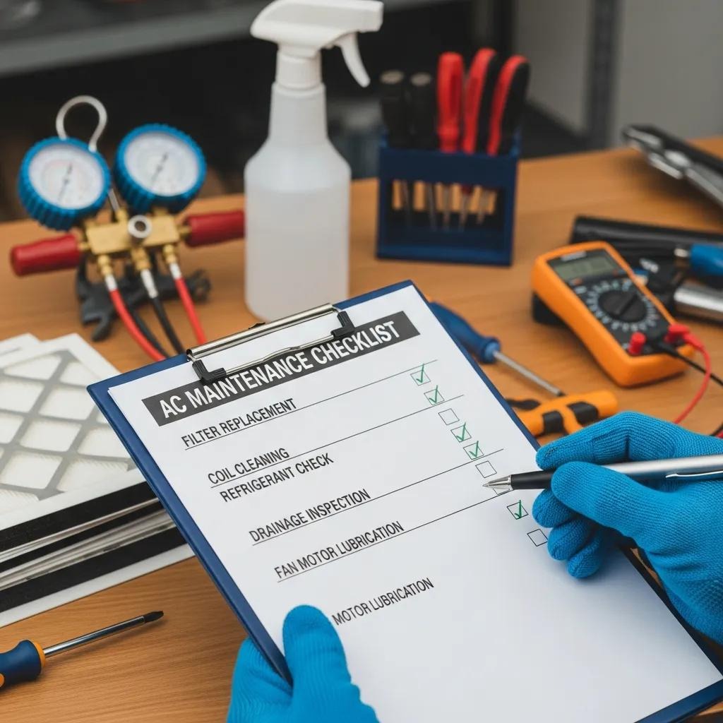 Technician reviewing AC maintenance checklist in workshop