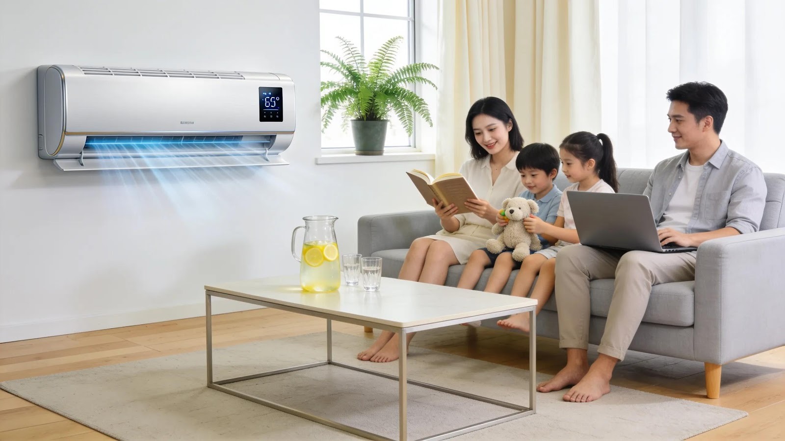 A modern living room featuring an air conditioning unit, depicting home comfort and cooling technology