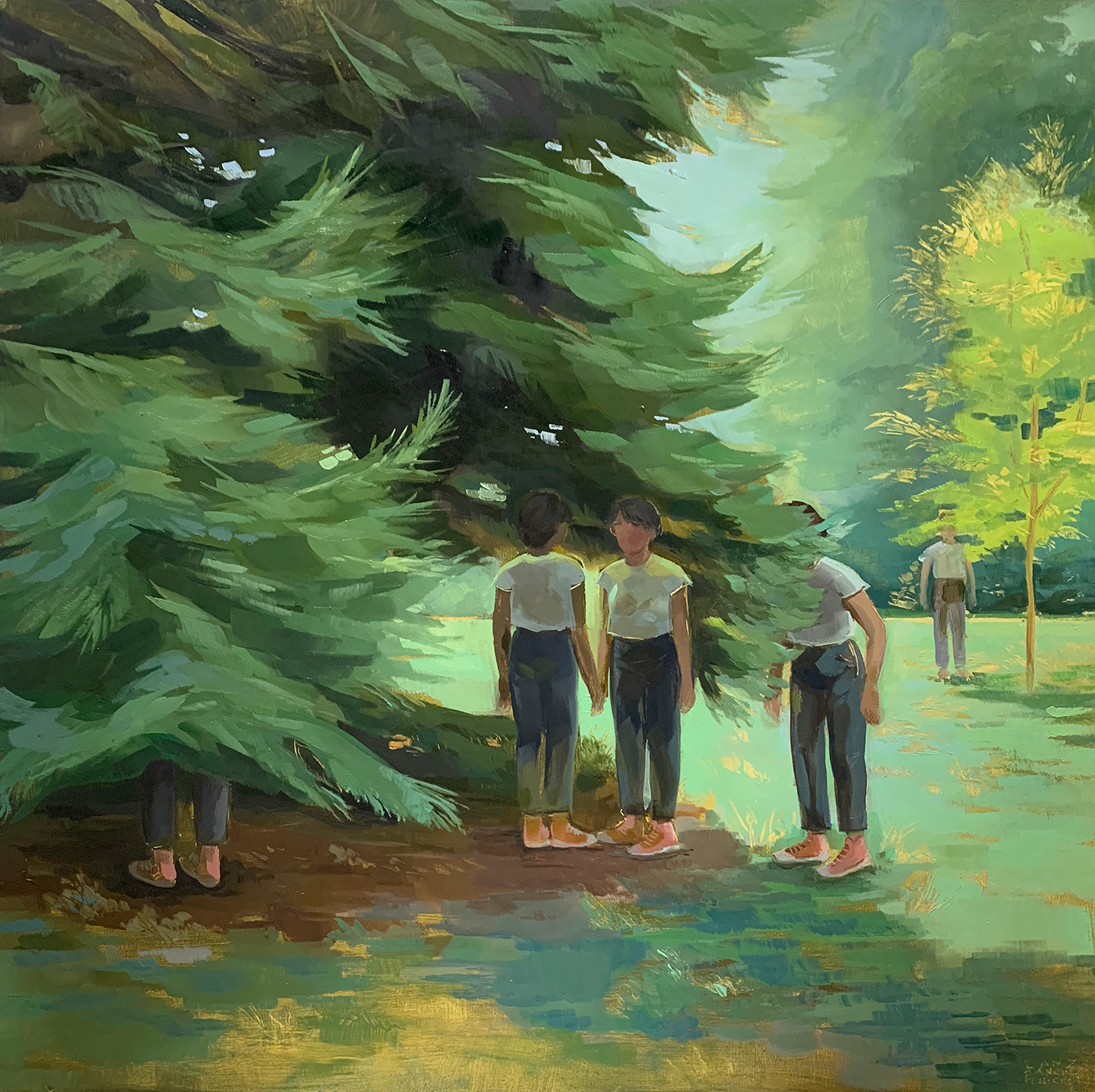 Ruminations #1 — oil painting of five copies of the same young woman scattered through a green arboretum, two holding hands beneath a low evergreen while the others stand half-hidden in the foliage.