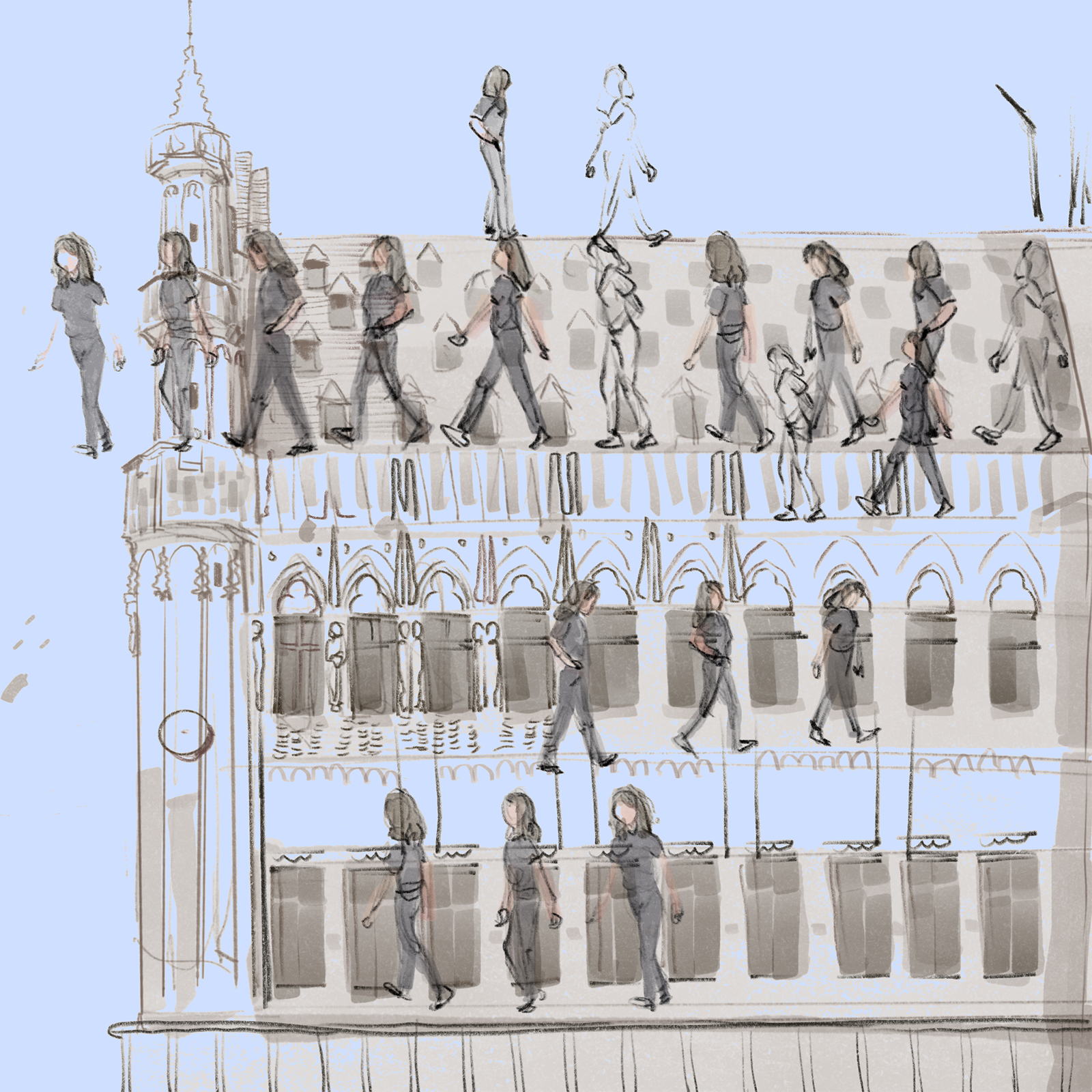 Brussels — line-and-wash drawing of a Brussels guildhall facade against a pale blue sky, with the same figure repeated as she walks along each ledge and cornice.