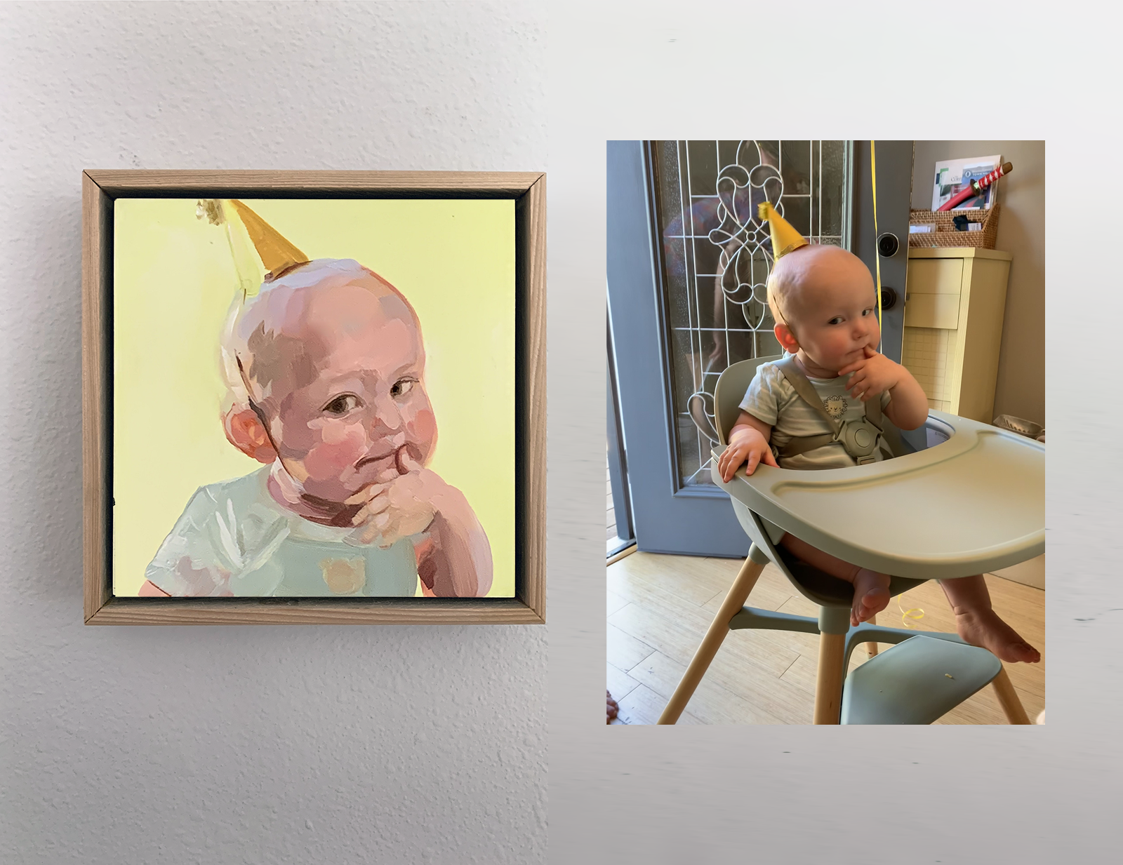 A framed oil portrait of a baby in a gold party hat on a yellow ground, shown next to the photograph it was painted from.