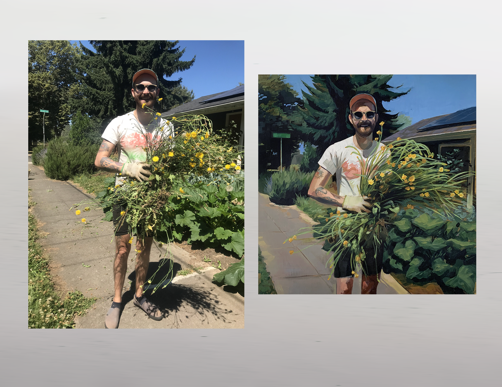 A photograph of a man holding an armful of cut sunflowers on a summer pavement, paired with the oil portrait painted from it.