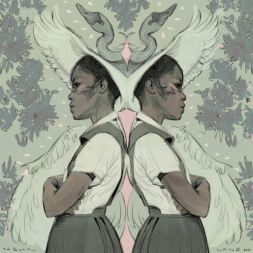 Swan — a mirrored pair of girls in school uniform standing back to back, each with a white swan's wing, against a grey-green floral ground with two swans meeting overhead.