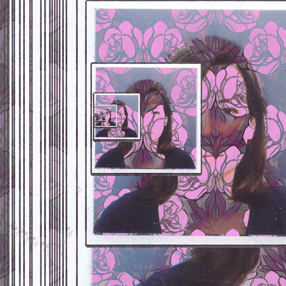Magnolia Portrait — a digital collage of a repeated face over pink rose wallpaper. Links to the Digital Work gallery.