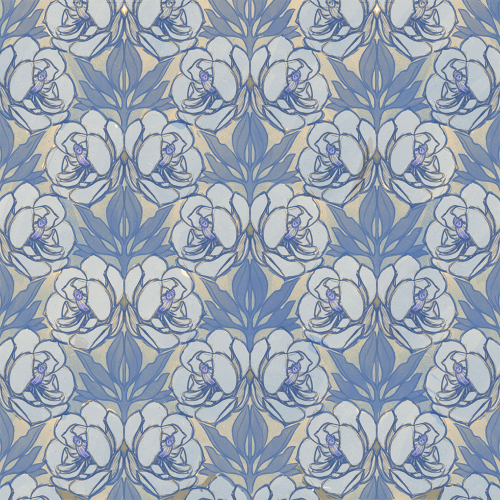 Magnolia Pattern in grey-blue — a repeating surface design of large stylised magnolia blooms in blue, pale grey and cream.