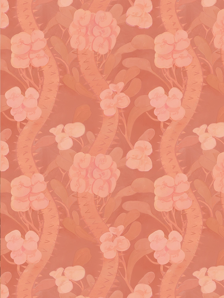 Corona Pattern in coral — a repeating surface design of soft clustered blossoms on wavy stems in coral and terracotta, developed from a repeating oil painting made at the Caldera residency in Sisters, Oregon.