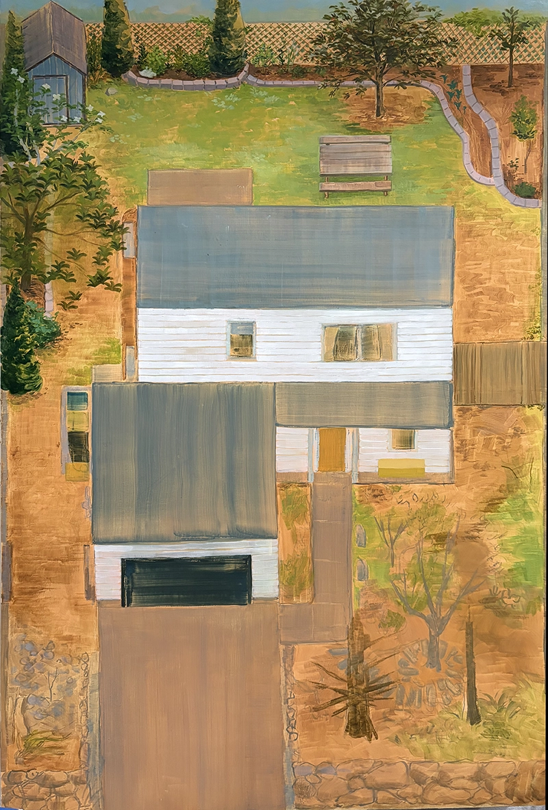 An illustrative oil painting of a white clapboard house seen from above, surrounded by its garden, lawn, paths and trees in greens and warm ochre — an example of a commissioned house portrait.