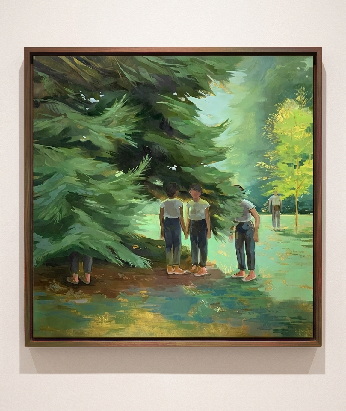 Ruminations #1 — oil painting of five copies of the same young woman scattered through a green arboretum, two holding hands beneath a low evergreen while the others stand half-hidden in the foliage. Oil on panel, 16 x 16 inches, 2025.
