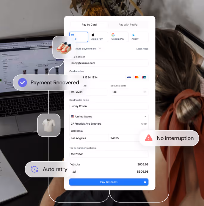 E-commerce payment form on screen with payment recovery, auto retry, and no interruption notifications over blurred background of person using laptop.
