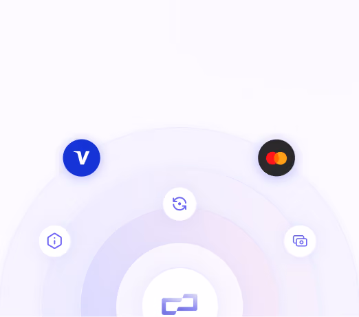 Circular icons with Venmo logo in blue and Mastercard logo in black around a central symbol with connectivity and sync icons on a light background.