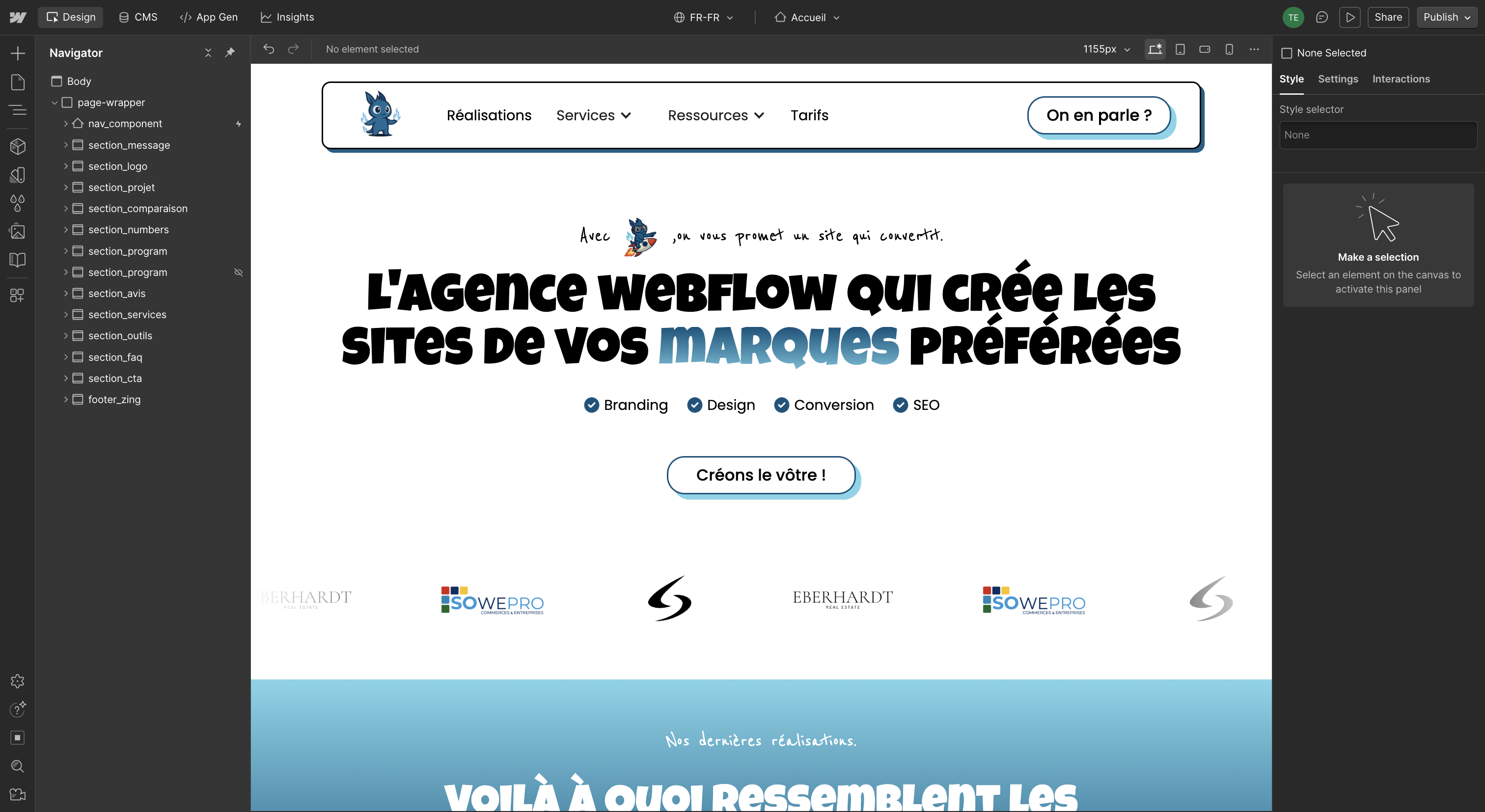 Interface Webflow Designer en cours de construction