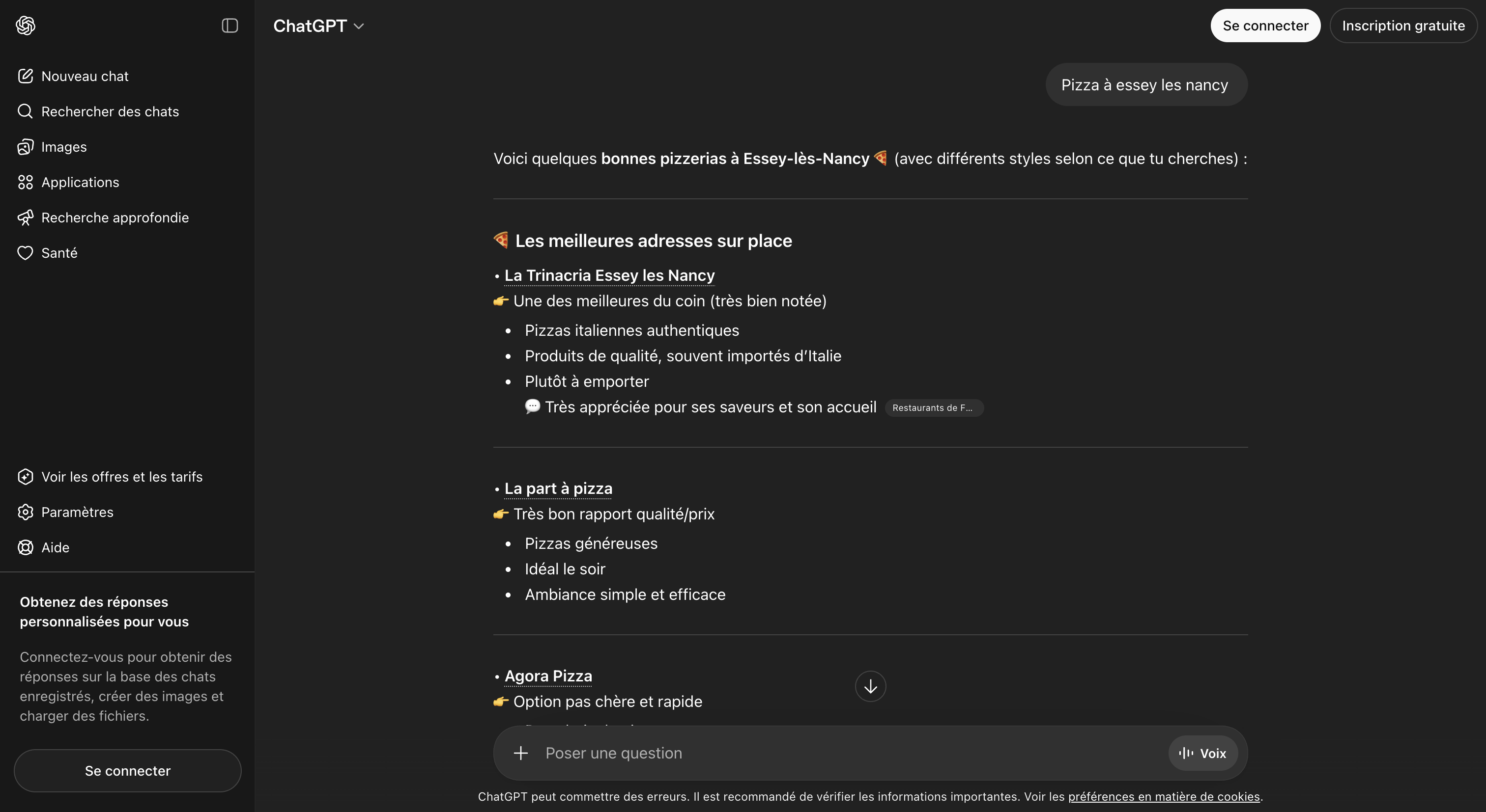 ChatGPT citant une pizzeria d'Essey-lès-Nancy dans une réponse générée, illustrant le GEO en action pour un commerce local