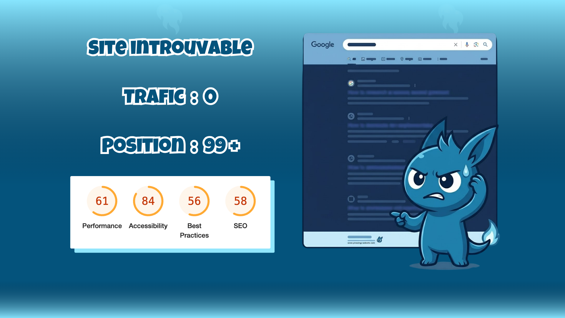 Site web invisible sur Google avec un score SEO médiocre et aucun trafic, illustrant pourquoi un site ne ramène aucun client